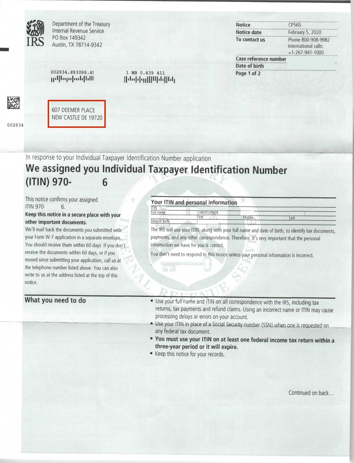 ITIN-Número de identificación individual-Carta de resultado físico-emitida-por-el-IRS-primera-página